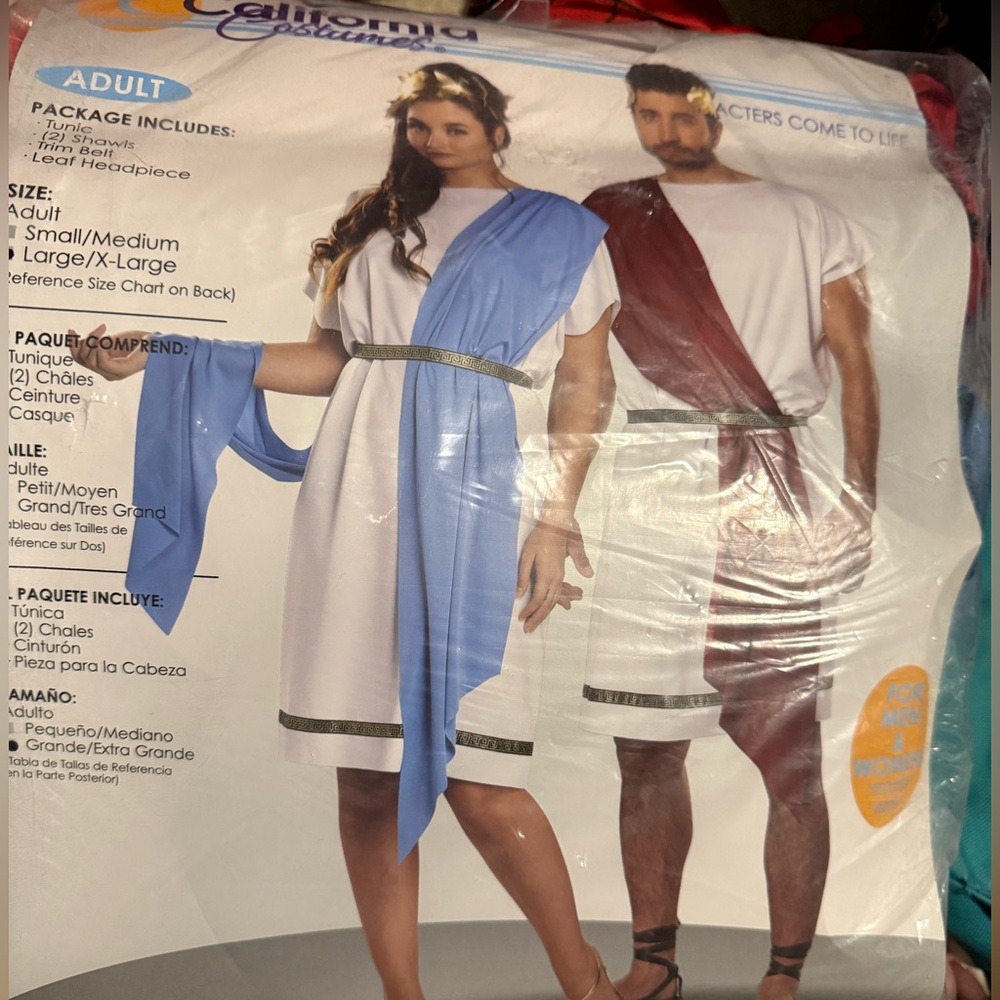 California costumes party, toga men/woman: tunic, shawl, belt, headpiece L/XL